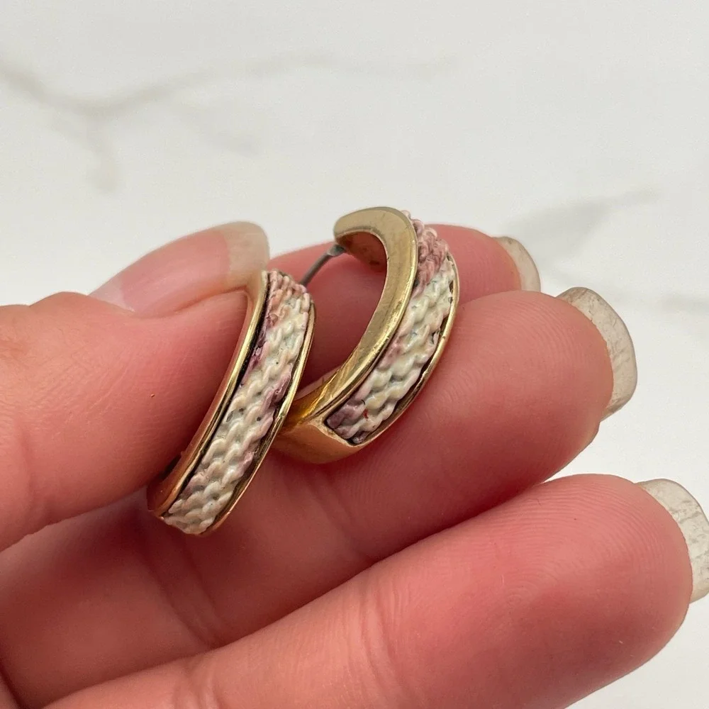 Vintage Gold Tone Hoop Earrings with Woven Style Enamel Detail Snap Closure Boho